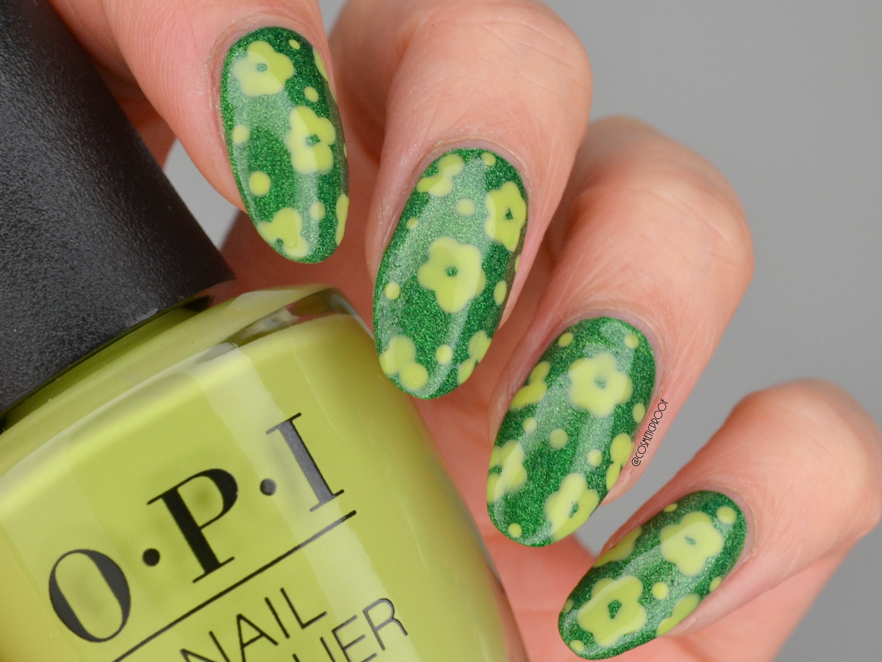 NAILS Holo Green Spring Flowers CBBxManiMonday Cosmetic Proof